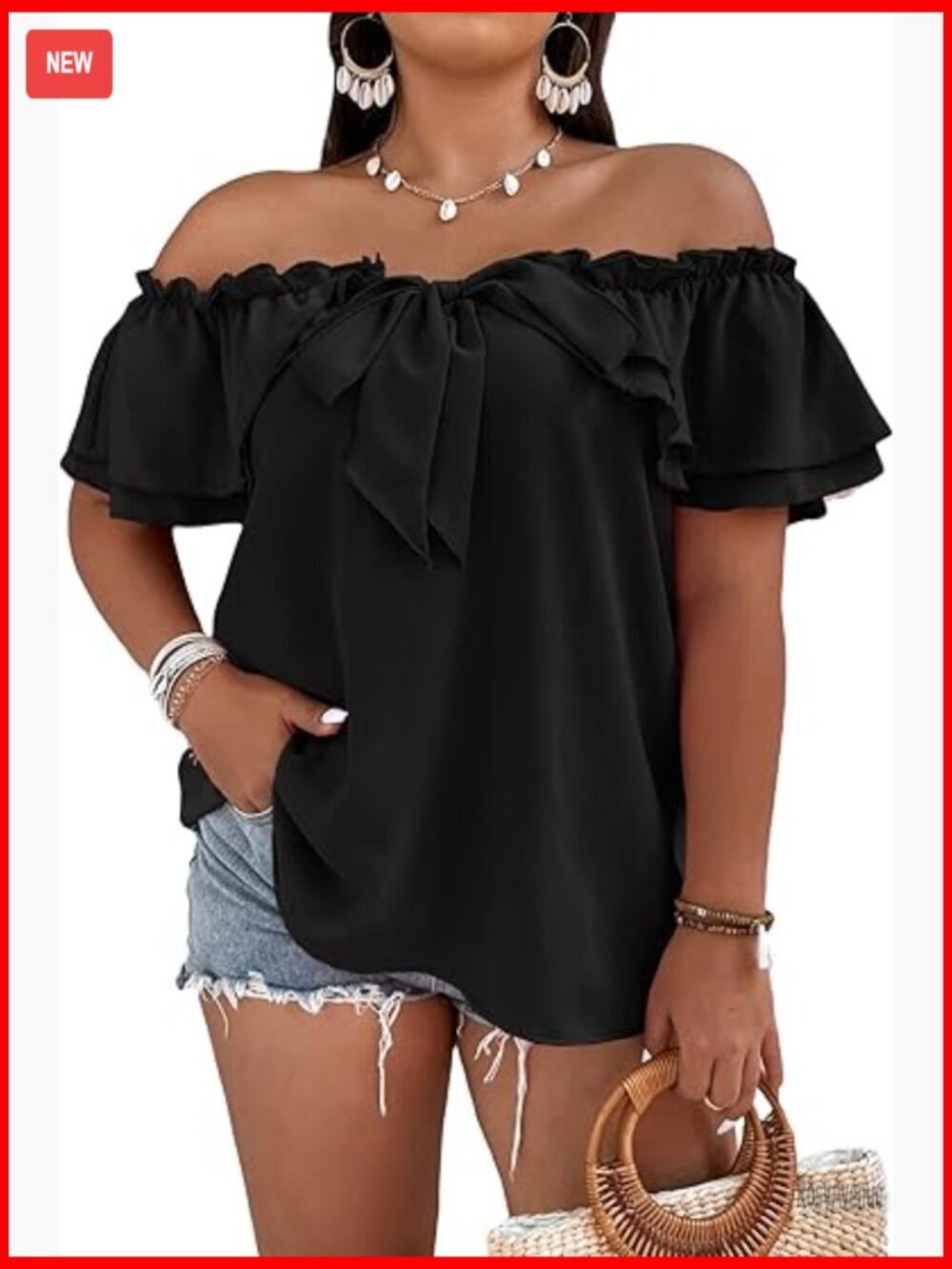 Plus Size Off Shoulder Ruffle Blouse Summer Tie Front Top